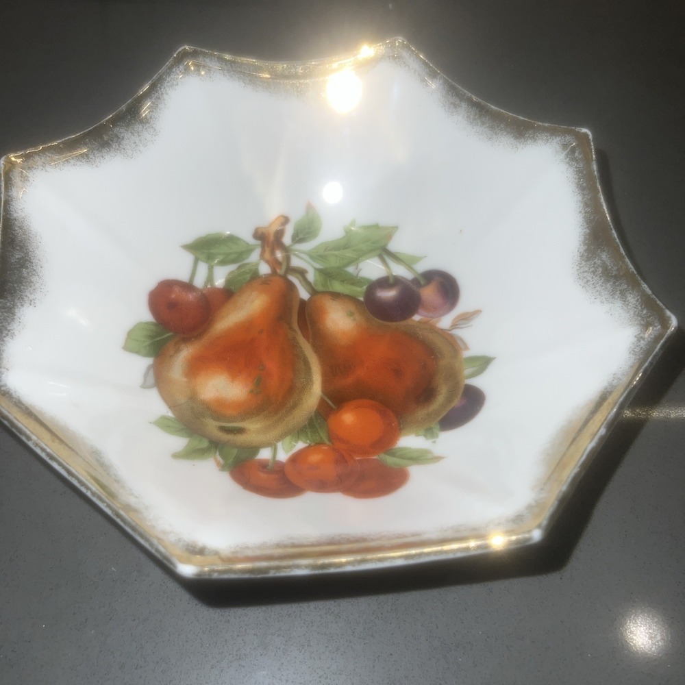 Vntg Fruit Bowl "Pears And Cherries" Octagon Shape Trim With Gold